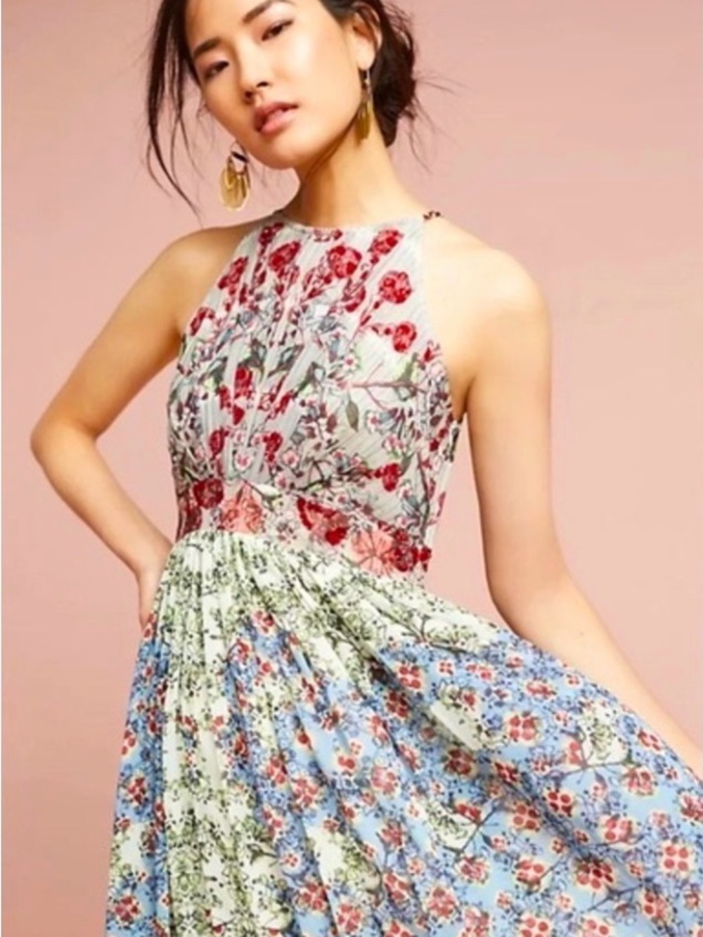 Anthropologie Floral Halter Maxi Dress in Blue, Red, Green - Picture 2 of 6